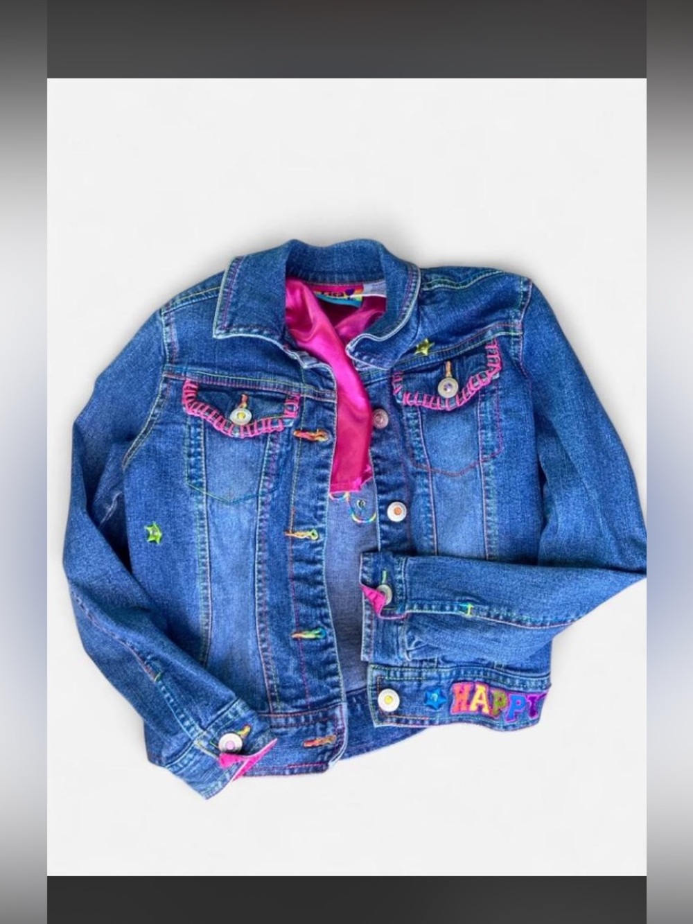 Lisa Frank Denim Jacket with Statement Accents and Pink Lining Sz 8